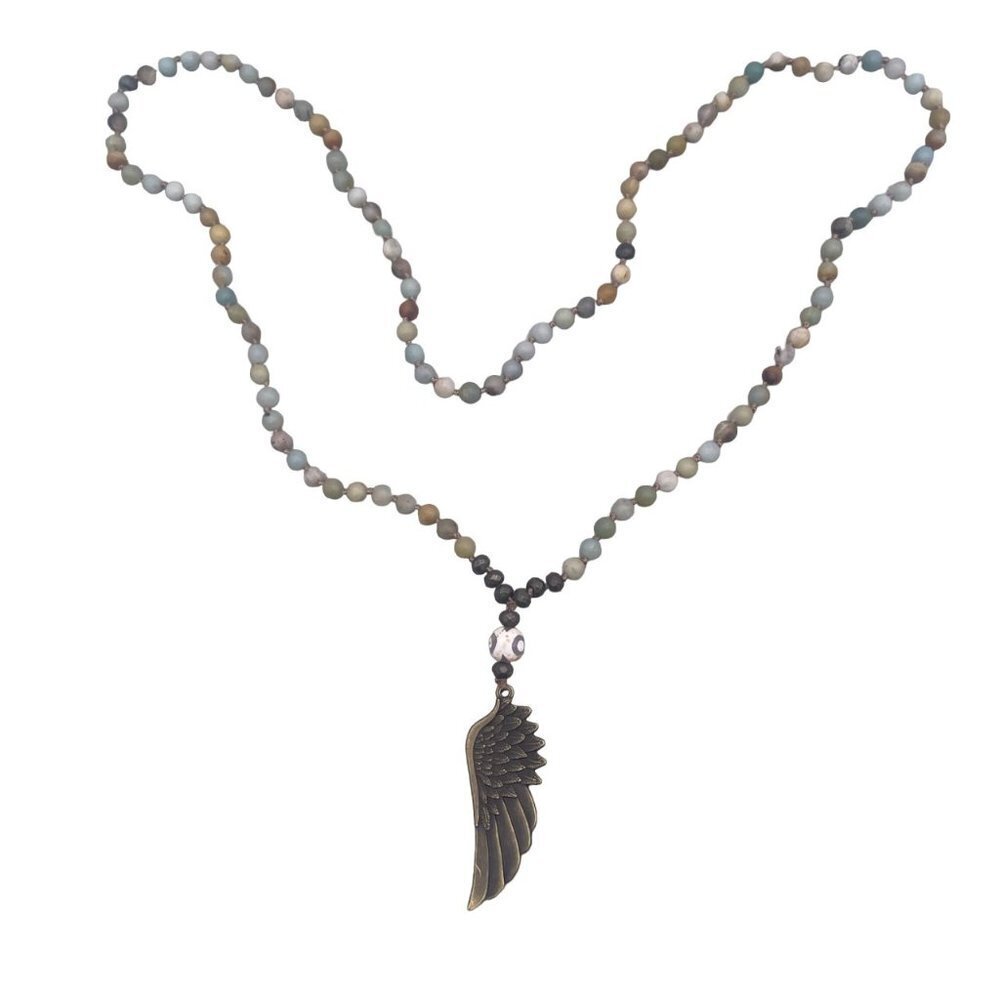 Angel Wing Amazonite Picasso Jasper and Pyrite Necklace 34 Inches